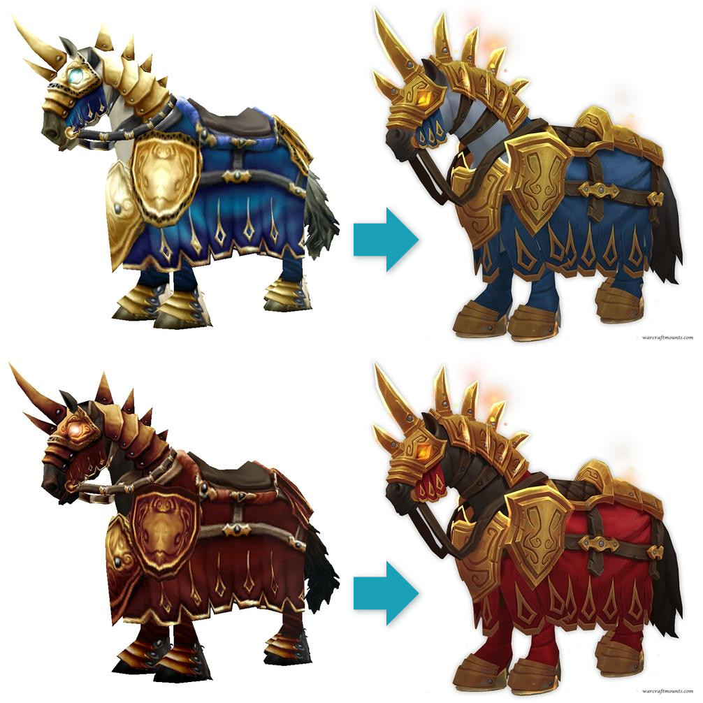 A 2x2 comparison of Midnight updated appearances for the WoW human and blood elf paladin class mounts: the Charger (top) and Thalassian Charger (bottom). Originals on the left, with a teal arrow pointing to the updated versions on the right. The model is a fairly faithful update to the original (which dates back to Vanilla!). In both models the mount is a horse with bright glowing eyes, golden plate barding over much of the head and back of neck with long metal spikes along the ridge, golden metal shields on the shoulders and base of neck, metal coverings over the hooves, and a heavy coat over the body in race colours, with gold detailing. The Charger (human, top) has an Alliance blue coat. The original has very pale glowing eyes, but the update has an orange-gold glow. The Thalassian Charger (blood elf, bottom) has a Horde or Blood Elf red coat with an orange eye glow.